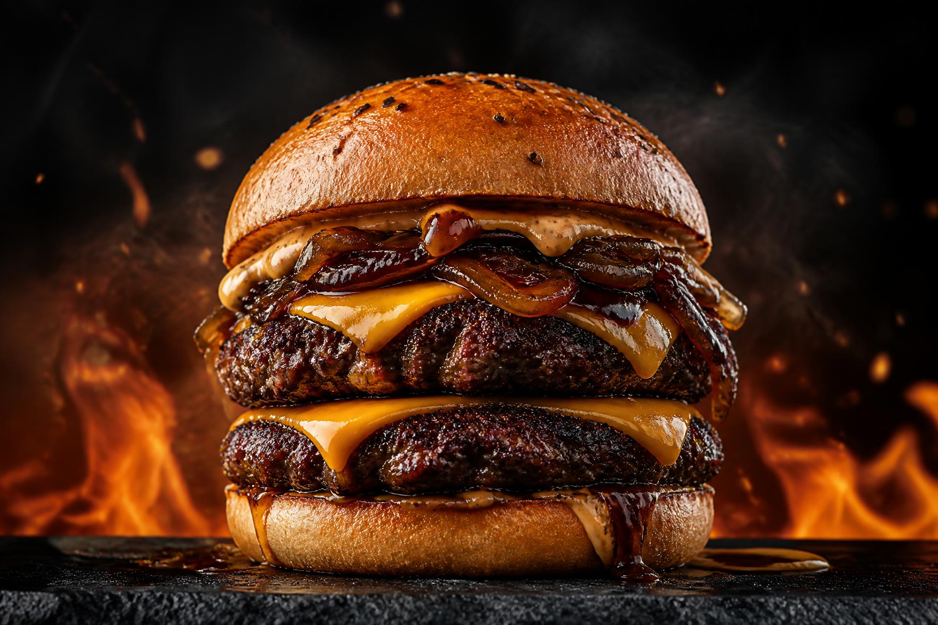 Ember & Wok signature double beef burger over open flame