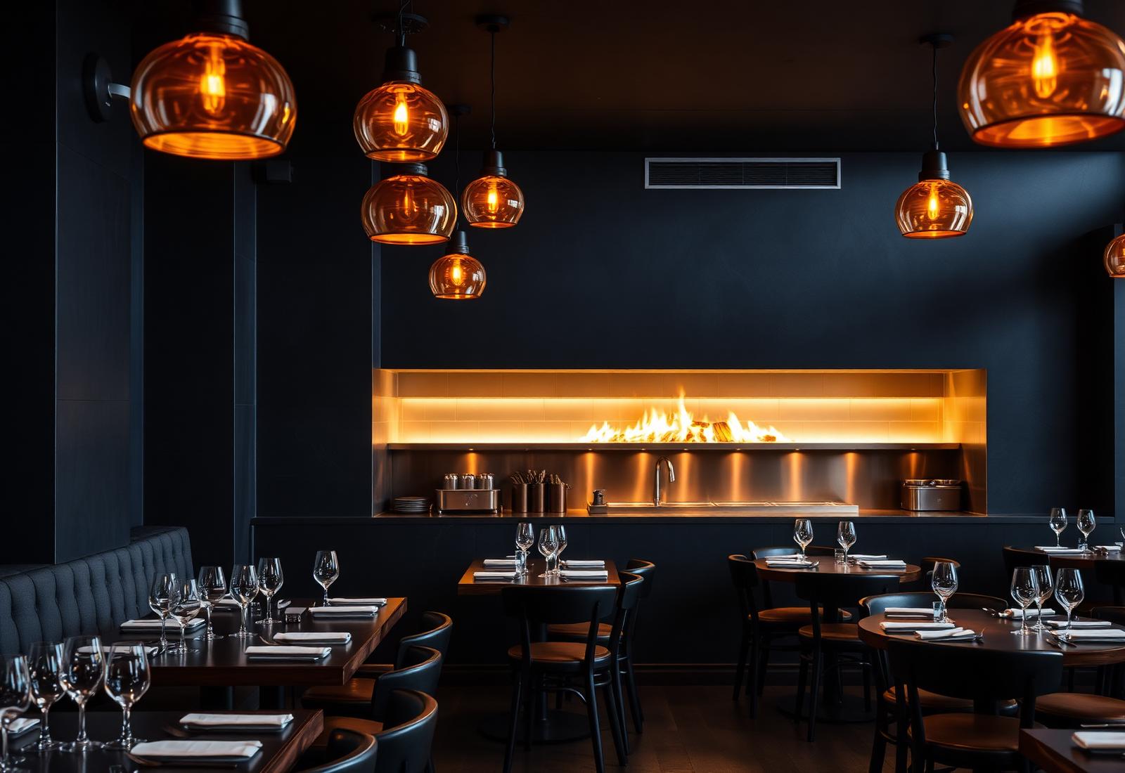 The dark, warm dining room at Ember & Wok